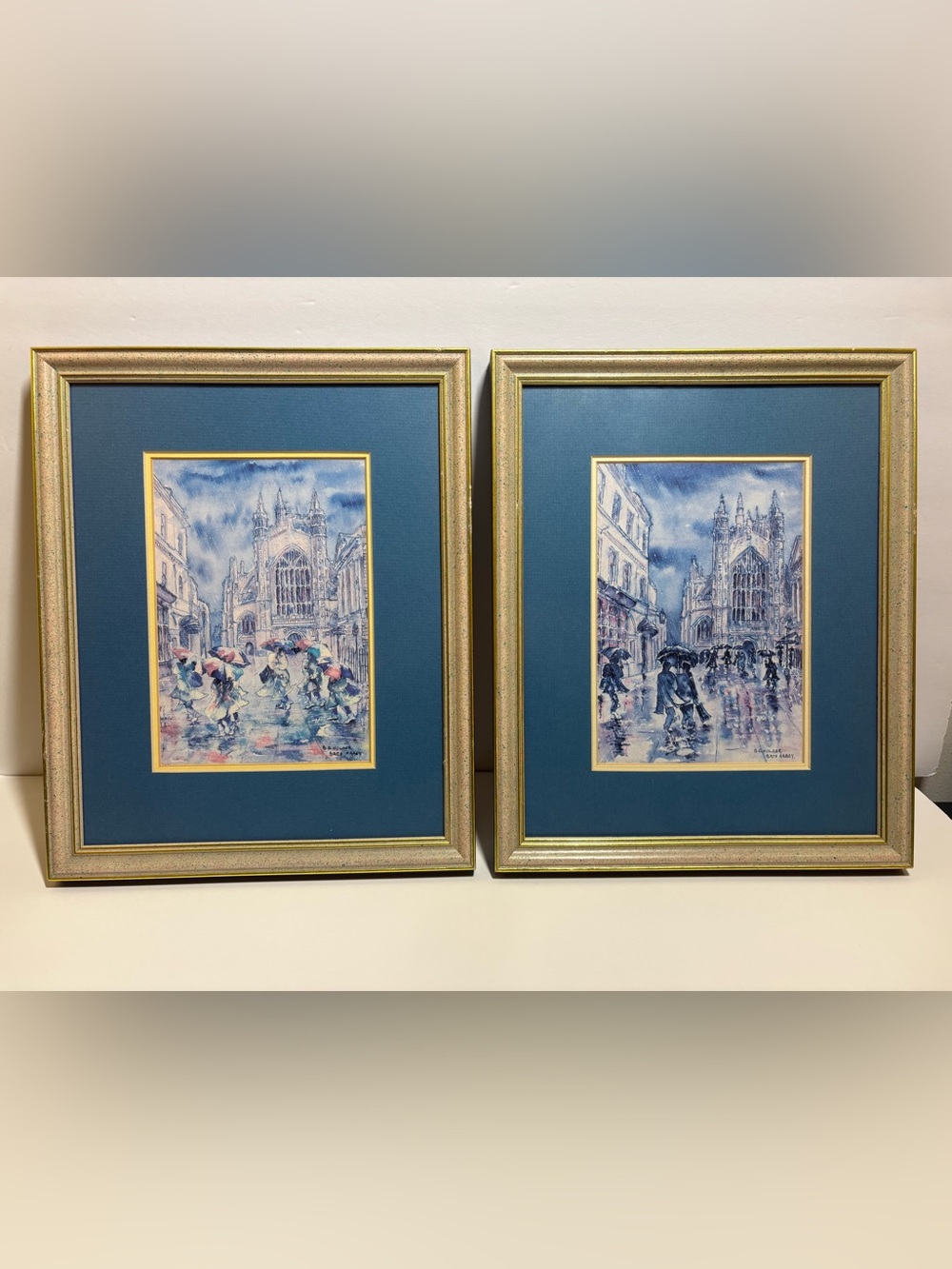 Vintage Barbara A Holder "Bath Abbey" Framed Watercolor Prints (Pair)